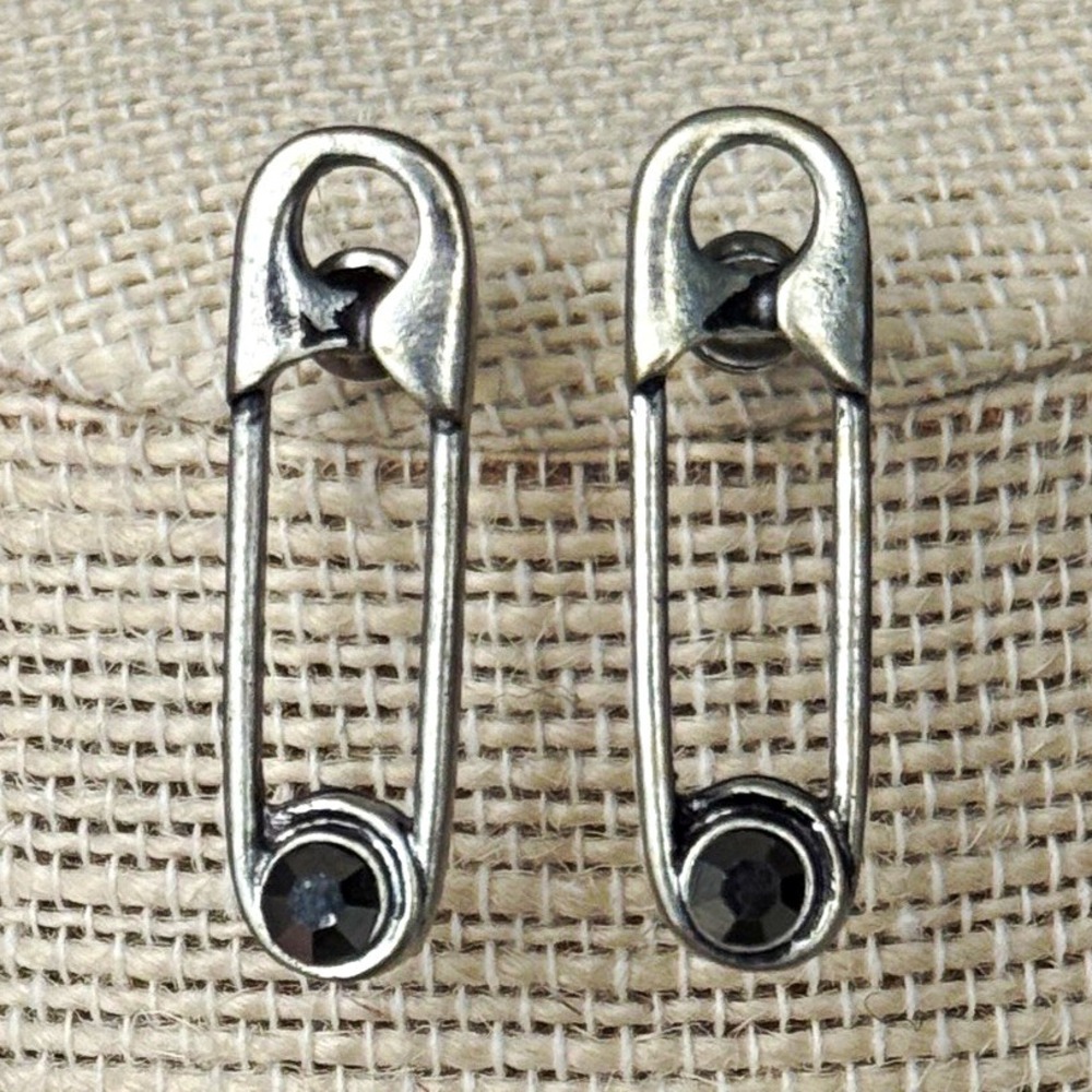 Silver Tone Safety Pin Stud Earrings 1 in Metal Unique Gray/Black Rhinestone